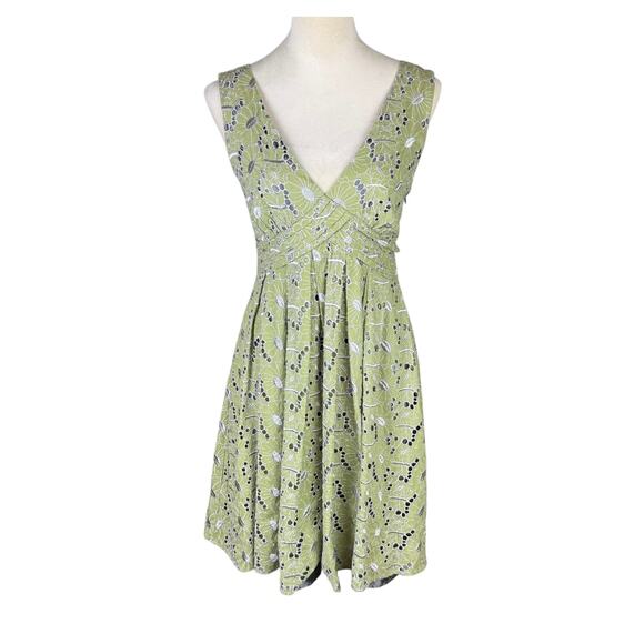 eShakti Sage Green Embroidered Eyelet Floral Fit & Flare Sleeveless Pleat Dress - Picture 1 of 13